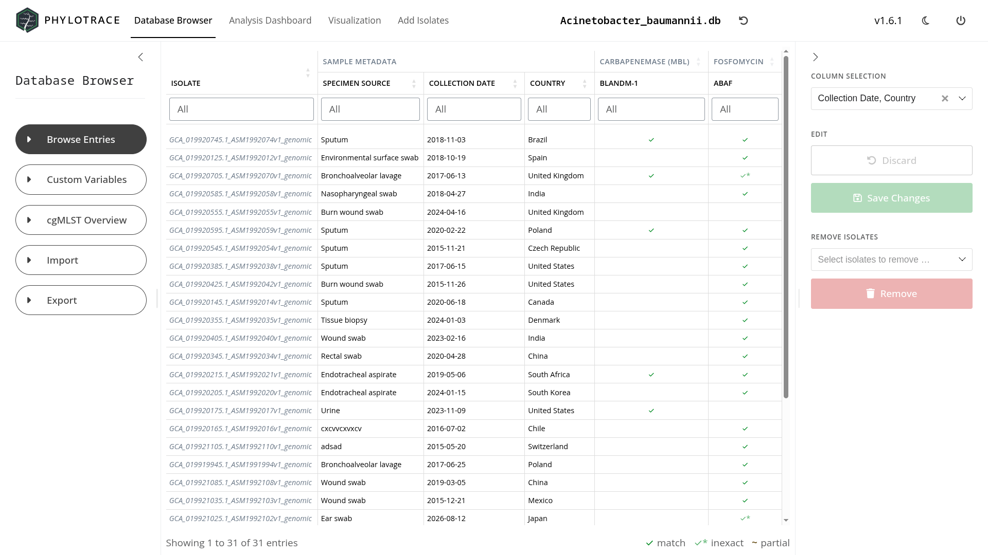 Sample database browser listing stored isolate entries and their metadata