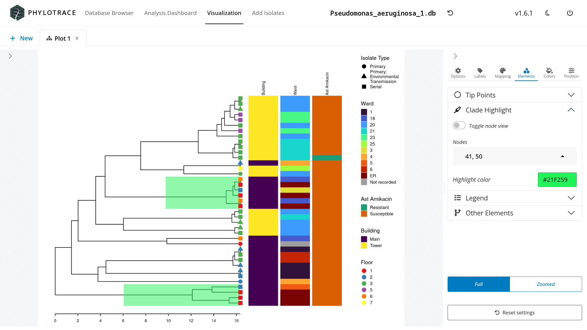Phylogenetic tree with branches coloured by a user-defined metadata variable