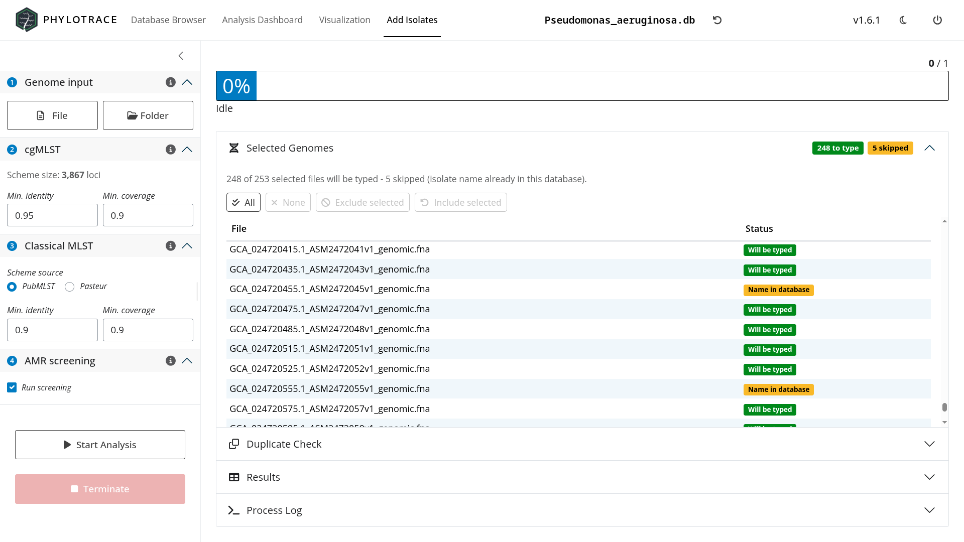 cgMLST typing run being configured, with scheme and input genome selection